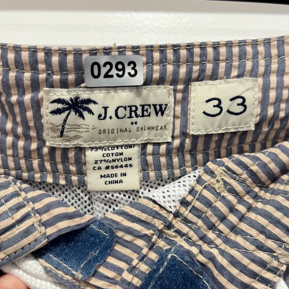J. Crew Mens Seersucker Striped Board Shorts Blue Tan Swim Trunks Size 33